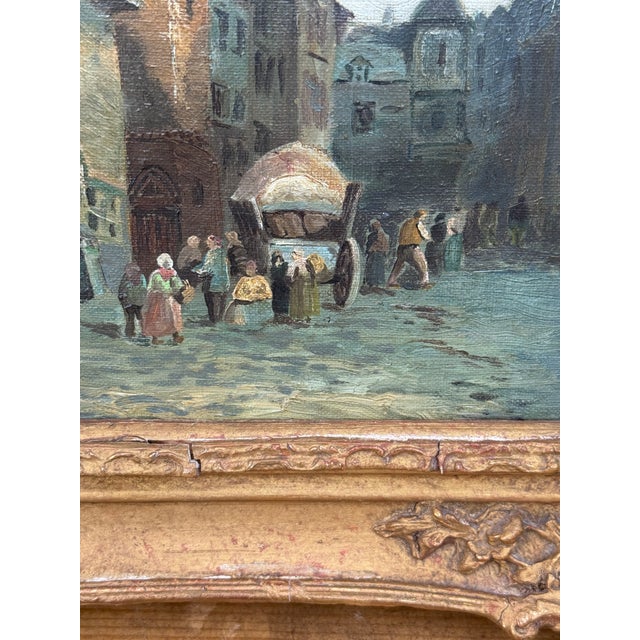 Antique European Village Street Scene Oil Painting | Signed L. Hughes | Ornate Gilt Frame For Sale - Image 10 of 10