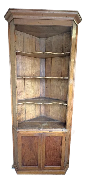 19th Century Rustic American Pine Corner Cupboard With Open Shaped Shelves Over Doors
