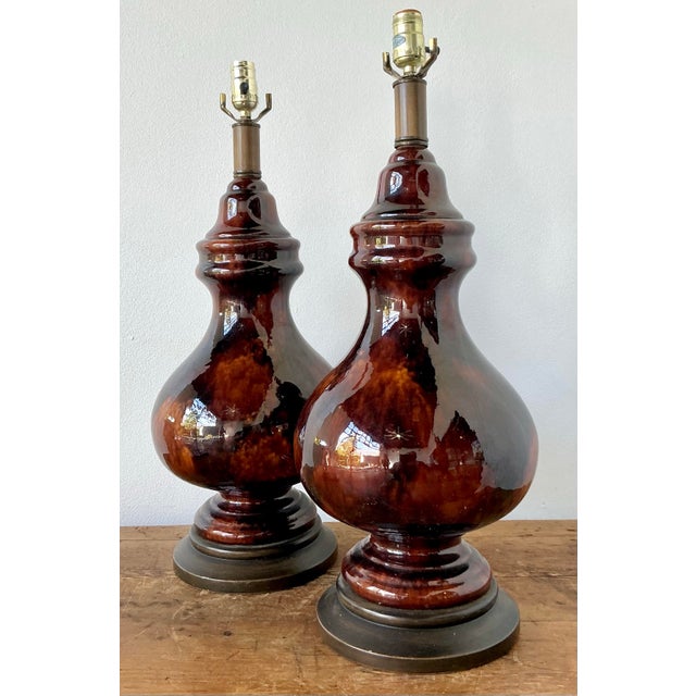 Vintage Boho Chocolate Glazed Ceramic Lamps - A Pair For Sale - Image 4 of 12