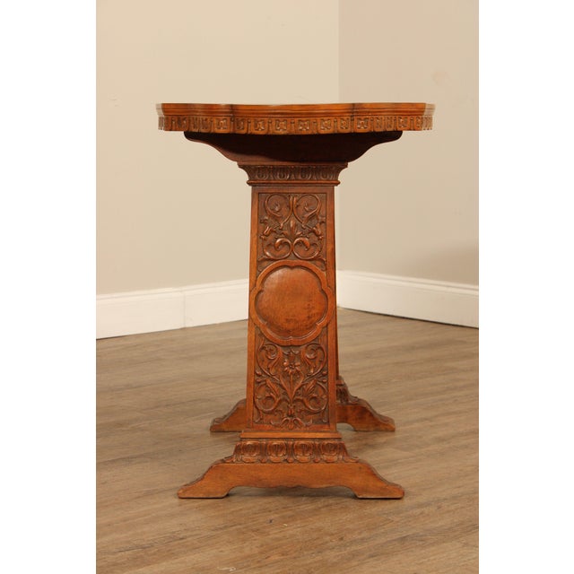 Early 20th Century Antique Spanish Revival Carved Oak And Forged Iron Trestle Side Table For Sale - Image 5 of 14