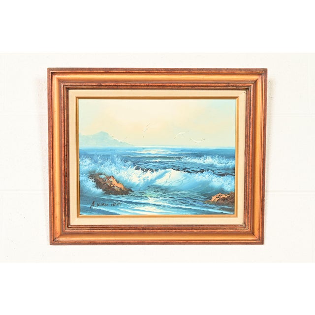 A beautiful original oil painting on canvas of crashing waves in carved giltwood frame By A. Kirkham (signed lower left)...