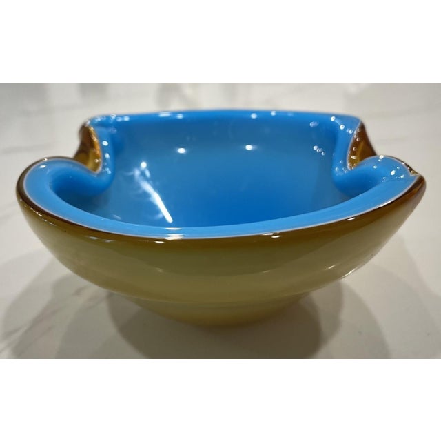 Vintage MCM Alfredo Barbini Murano Art Glass Bowl Ashtray Blue & Brown For Sale In Tampa - Image 6 of 9