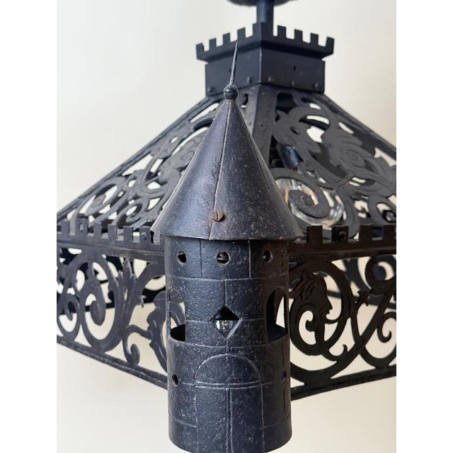 Antique Gothic Revival Wrought Iron Castle Chandelier with Turrets, 1910 For Sale - Image 9 of 18