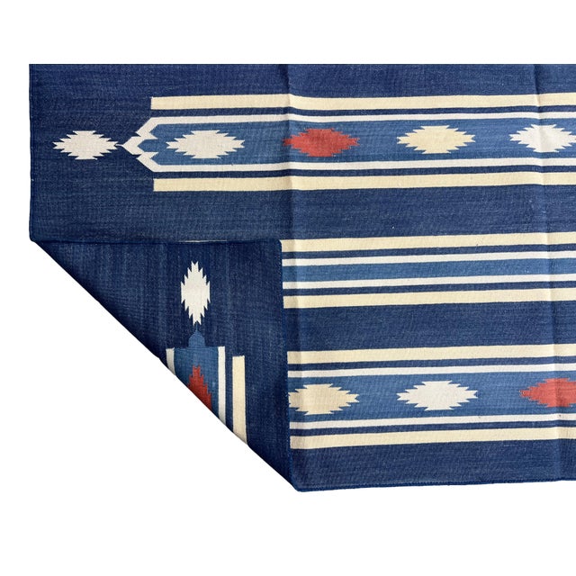Handmade Cotton Area Rug, Vegetable Dyed, Indigo Blue, Cream and Terracotta Striped Dhurrie -6'x9' For Sale - Image 13 of 13