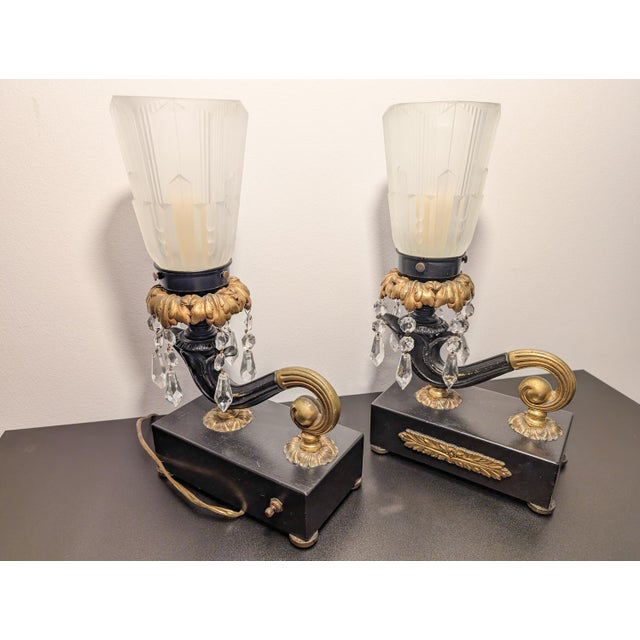 Black 1930s Art Deco Mantel Boudoir Lamps With Crystal Drops and Skyscraper Shades - a Pair For Sale - Image 8 of 13