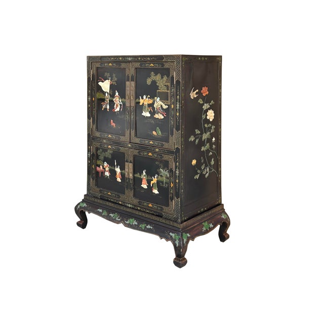 Black Vintage Chinoiseries Black & Stone Inlay Graphic Credenza Storage Cabinet For Sale - Image 8 of 12