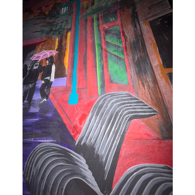 Late 20th Century Late 20th Century Lantern-Lit Los Angeles Chinatown Street Scene, Original Acrylic on Canvas For Sale - Image 5 of 8