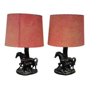 1950s Mid-Century Modern Phil Mar Porcelain Mare & Colt Horse Table Lamp - a Pair