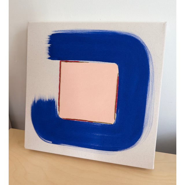 Original Painting | Peach and Cobalt Blue Mixed-Media Abstract Painting, 14 X 14 In. For Sale - Image 4 of 4