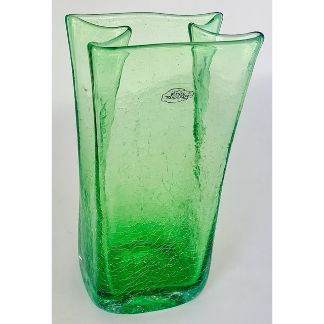 2009 Blenko Antique Green Paper Bag Blown Art Crackle Glass Vase Mid-Century Modern Style For Sale - Image 10 of 12