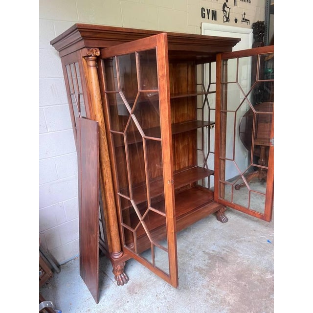 Antique American Empire Carved Wood Double Glass Door Bookcase For Sale - Image 9 of 11