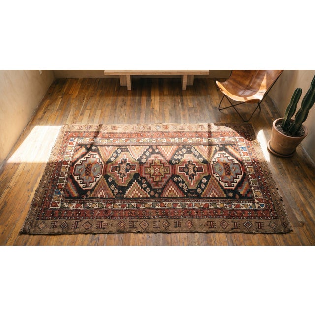 1880s Brown Geometric Tribal Antique Persian Kuridsh Rug 3'8" X 7'5" Handknotted Wool Carpet For Sale In New York - Image 6 of 8