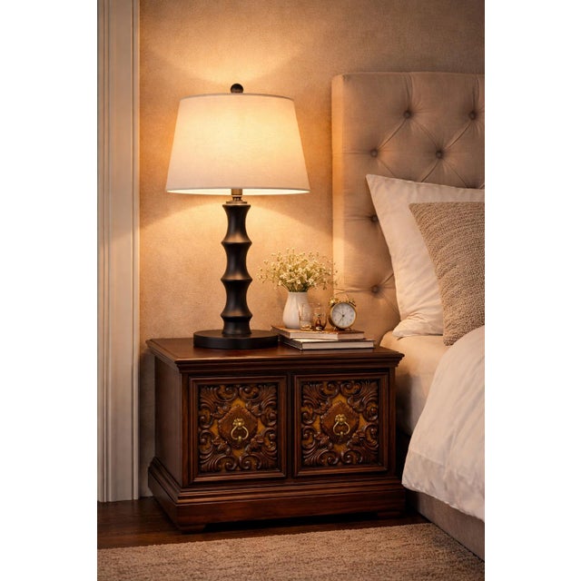 Mid 20th Century Pair of Spanish Revival Carved Walnut Nightstands With Velvet Backed Doors and Brass Ring Pulls For Sale - Image 9 of 9