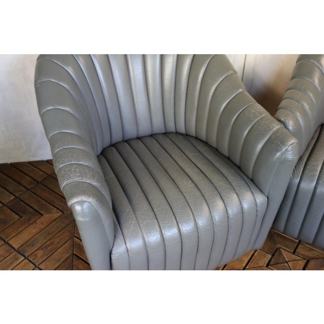 Vintage Pair of Gray Leather Channel-Tufted Club Chairs by Martin/Brattrud, 1987 For Sale - Image 10 of 14