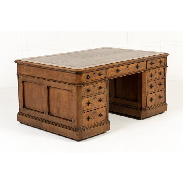Large Antique English Oak Partners Desk, 1800s For Sale - Image 4 of 10