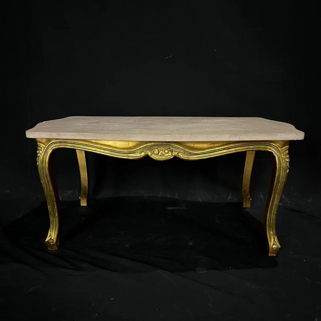 French Louis XV Giltwood Coffee Table With Stone Top For Sale - Image 4 of 11