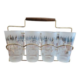 Vintage Mid-Century Modern Frosted Glasses With Caddy- 9 Pieces For Sale