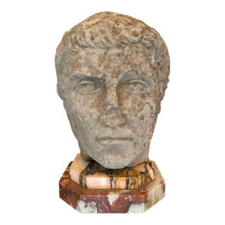 Antique Carved Stone Head of a Roman Youth, Grand Tour Style Sculptural Fragment on Marble Plinth, 19th Century For Sale