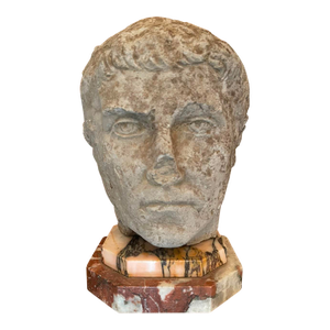 Antique Carved Stone Head of a Roman Youth, Grand Tour Style Sculptural Fragment on Marble Plinth, 19th Century