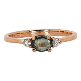 Three Stone Alexandrite Ring With Natural Diamonds Accents: Solid 14k Gold, Size 6.75 For Sale