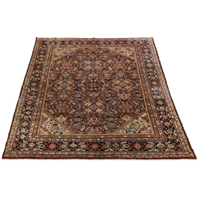 Navy Blue Vintage Persian Mahal Hand-Knotted Wool Area Rug - Floral in Rust For Sale - Image 8 of 10