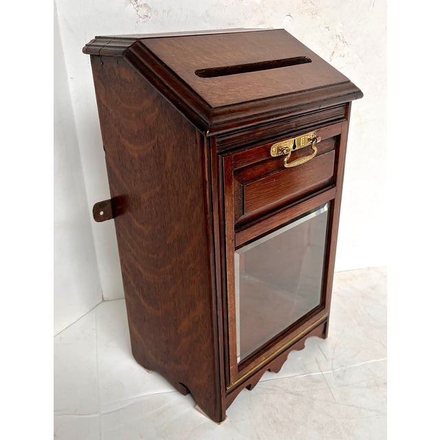 Wood Vintage Oak Mailbox or Ballot Box or Alms Box W/Beveled Glass For Sale - Image 7 of 13