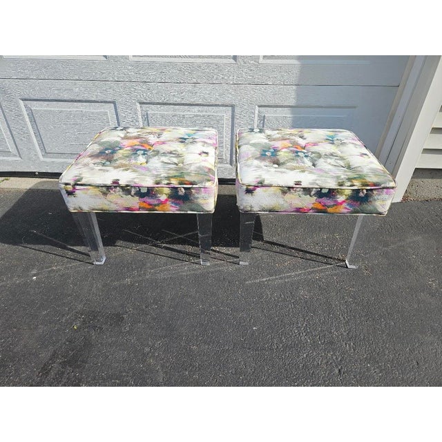 Pair of Mitchell Gold + Bob Williams lucite leg bench/stools with button tops. These are signed with label. Versatile...