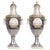 Couple of big amphoras with lids. Ceramic painted in white, blue and gold. Landscape on the front.