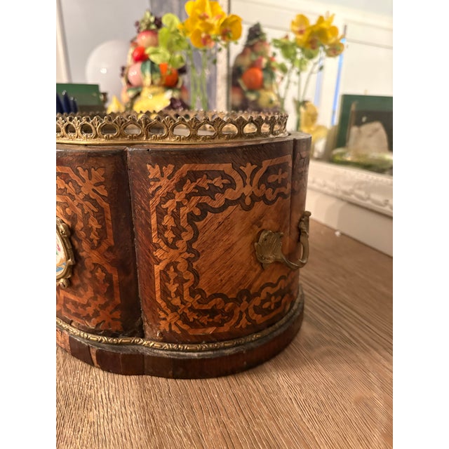 Brown Early 20th Century Napoleon III Style Parquetry Jardiniere With Sevres Style Plaques For Sale - Image 8 of 9