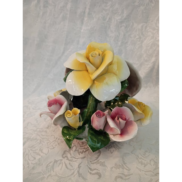 1960s Vintage Mid-20th Century Italian Capodimonte Porcelain Pink & Yellow Roses Clam Shell Centerpiece Figurine For Sale - Image 5 of 8