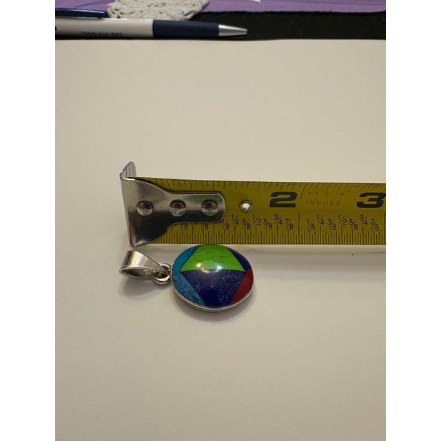 Metal late 20th Century Sterling Silver Multi Color Inlay Pendant Mexico .925 For Sale - Image 7 of 7
