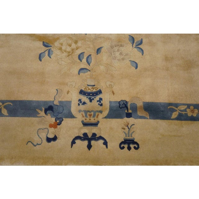 1920s Tan Sand Vase Floral Vintage Chinese Peking Carpet 8' '' X 9' 8'' Wool Knotted Rug For Sale - Image 9 of 12