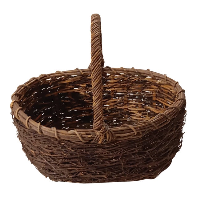Mid 20th Century Vintage Hand Woven Wicker Bird's Nest Twigs Oval Basket For Sale