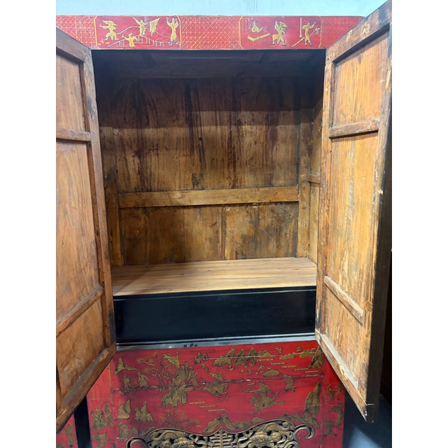 Chinoiserie Pair Antique Red Chinoiserie Wedding Cabinets Armoires For Sale - Image 3 of 10
