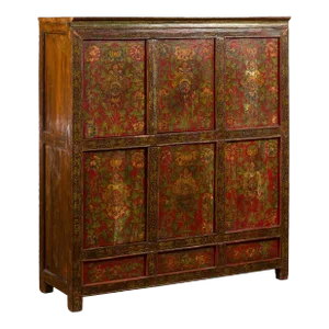 Tibetan 19th Century Cabinet with Hand-Painted Floral Décor on Red Ground