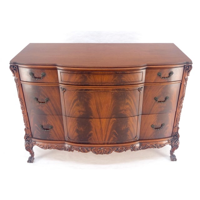Flame Mahogany Bow Front Claw Feet 3 Drawers Dresser Chippindale Style MINT For Sale - Image 11 of 18