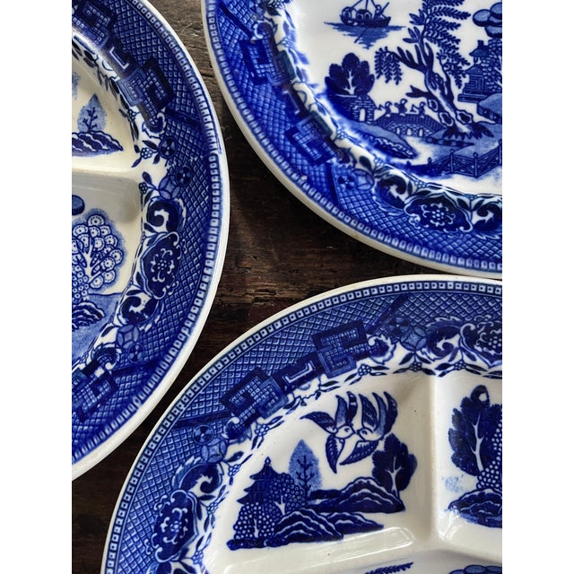 1950s Vintage Japanese Blue Willow Divided Plates - Set of 3 For Sale - Image 5 of 9