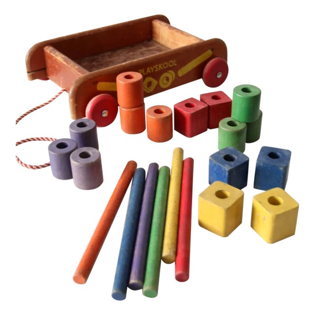 Vintage 50s Playskool Toy Wagon With Blocks For Sale