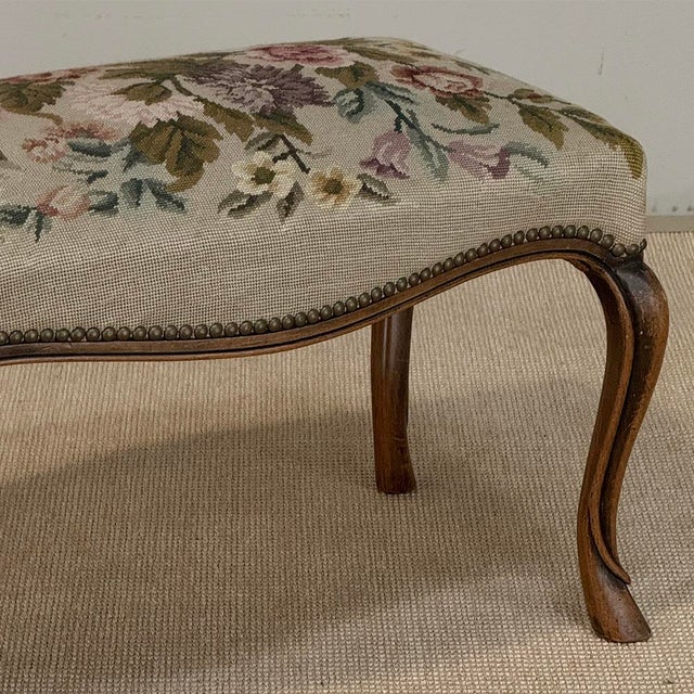 Taupe Antique Louis XV Walnut Footstool With Floral Needlepoint Upholstery For Sale - Image 8 of 9