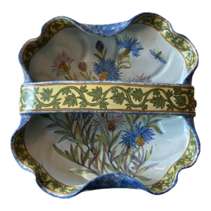 Porquier Beau Quimper French Faience Basket With Bachelor Button Flowers