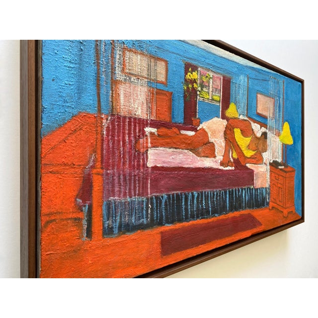 Wood Matisse Style Vintage Mid Century Modernist " Bedroom, Afternoon Napping " Framed Original Post-Impressionist Impasto Oil Painting on Linen For Sale - Image 7 of 18