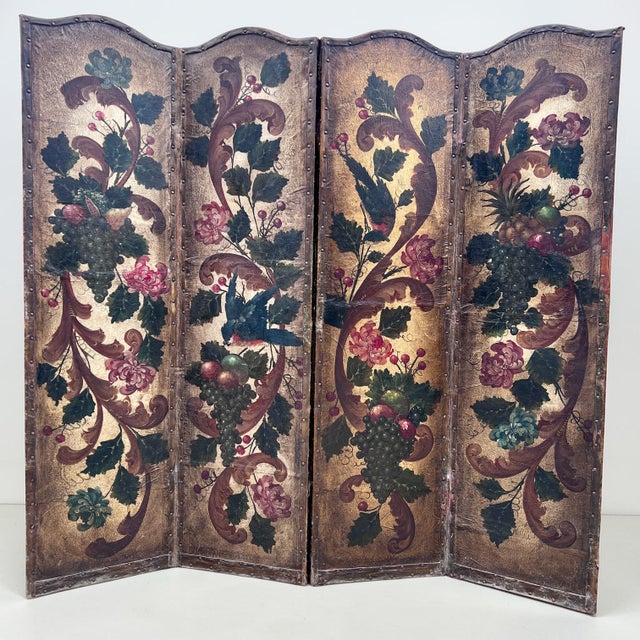 Antique French Hand-Painted Leather 4-Fold Room Divider Screen, 1890s For Sale - Image 9 of 10