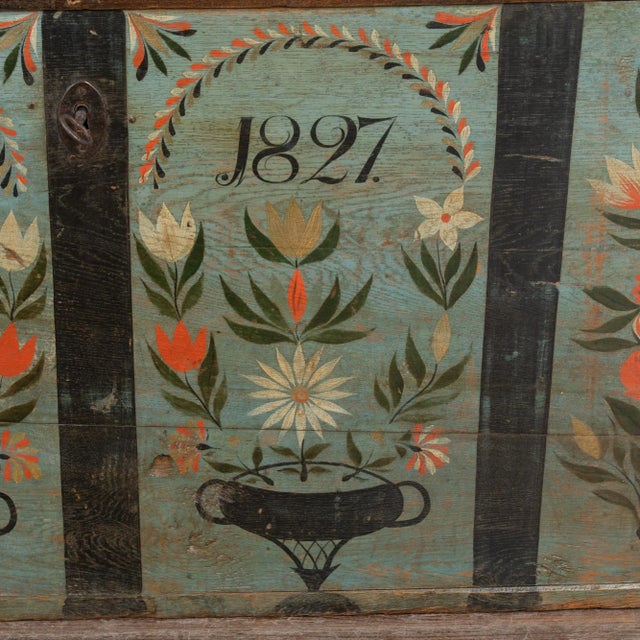 Early 19th Century Original Blue Painted Swedish Dome Top Oak Trunk Dated 1827 For Sale - Image 12 of 14