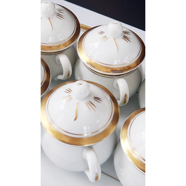 Vintage Portuguese Porcelain, Hostess Ware, Pot De Creme Set With Tray, Gilt Accents, Set of Eight, Circa 1980s - 9pcs For Sale - Image 4 of 16