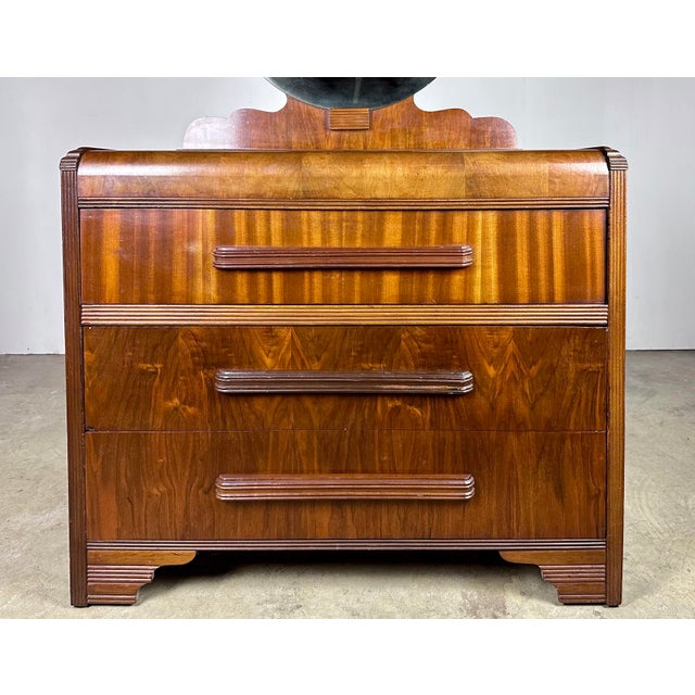 1940’s Art Deco Waterfall Chest of Drawers / Dresser With Round Mirror