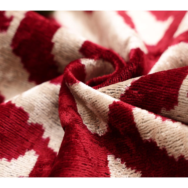 Textile Hand-Knotted Silk Velvet Ikat Pillow - 16x16 Crimson & Champagne Heritage For Sale - Image 7 of 8