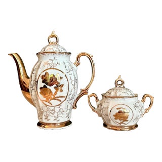 Vintage Porcelain Teapot Set: Gold Floral Design, 1960s. - Set of 2 For Sale