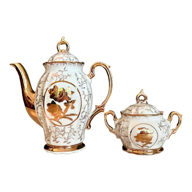 Vintage Porcelain Teapot Set: Gold Floral Design, 1960s. - Set of 2 For Sale