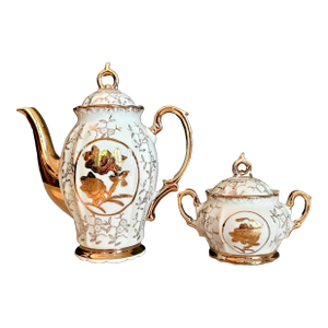 Vintage Porcelain Teapot Set: Gold Floral Design, 1960s. - Set of 2