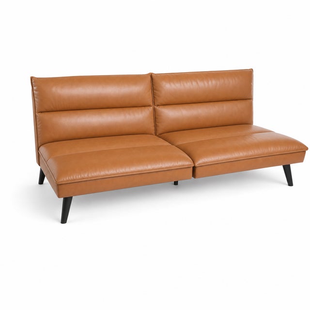 A contemporary two‑seat sleeper sofa crafted in smooth brown leather with refined horizontal stitching. Its clean lines...